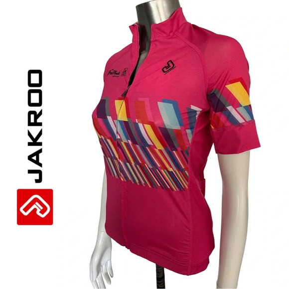 🛍️3/$40 Jakroo Cycling  Top Pink Multi Color Short Sleeve Full Zip Top Small - Picture 4 of 10